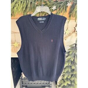 Ralph Lauren Polo Vest Jumper Chunky Knit V Neck Sweater Navy Mens L